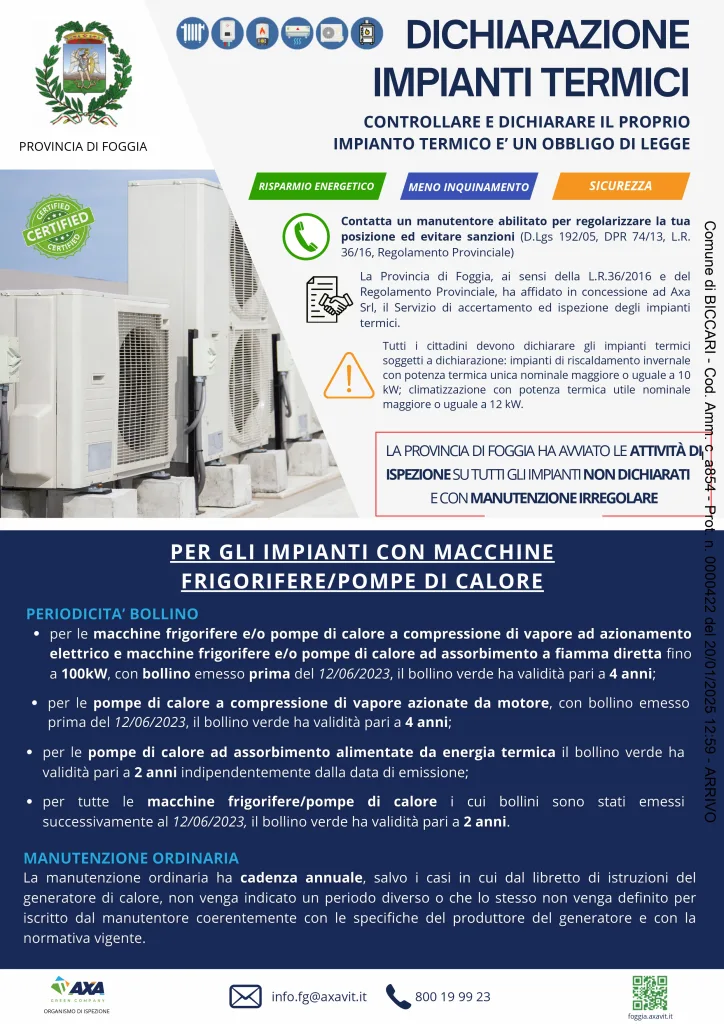 locandina dichiarazione impianti tecnici della Provincia di Foggia